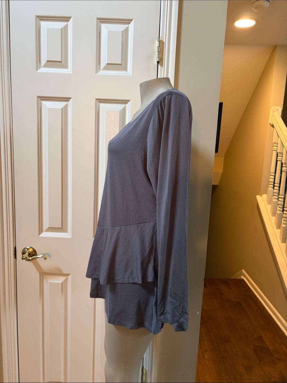 LOGO by Lori Goldstein Long Sleeve V-Neck Ruffle Hem Tunic Top - Gray, med - Picture 2 of 6